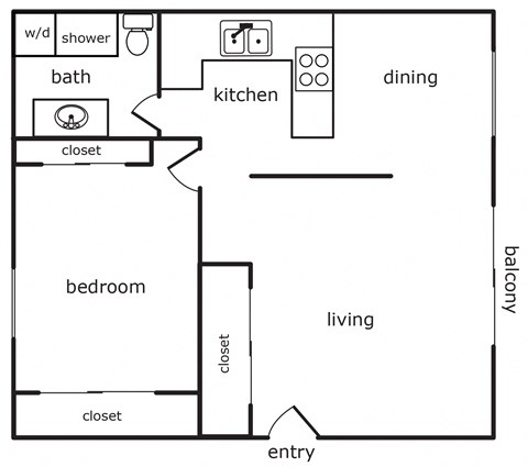 Floor plan for 1 bed, 1 bath, 713 sqft
